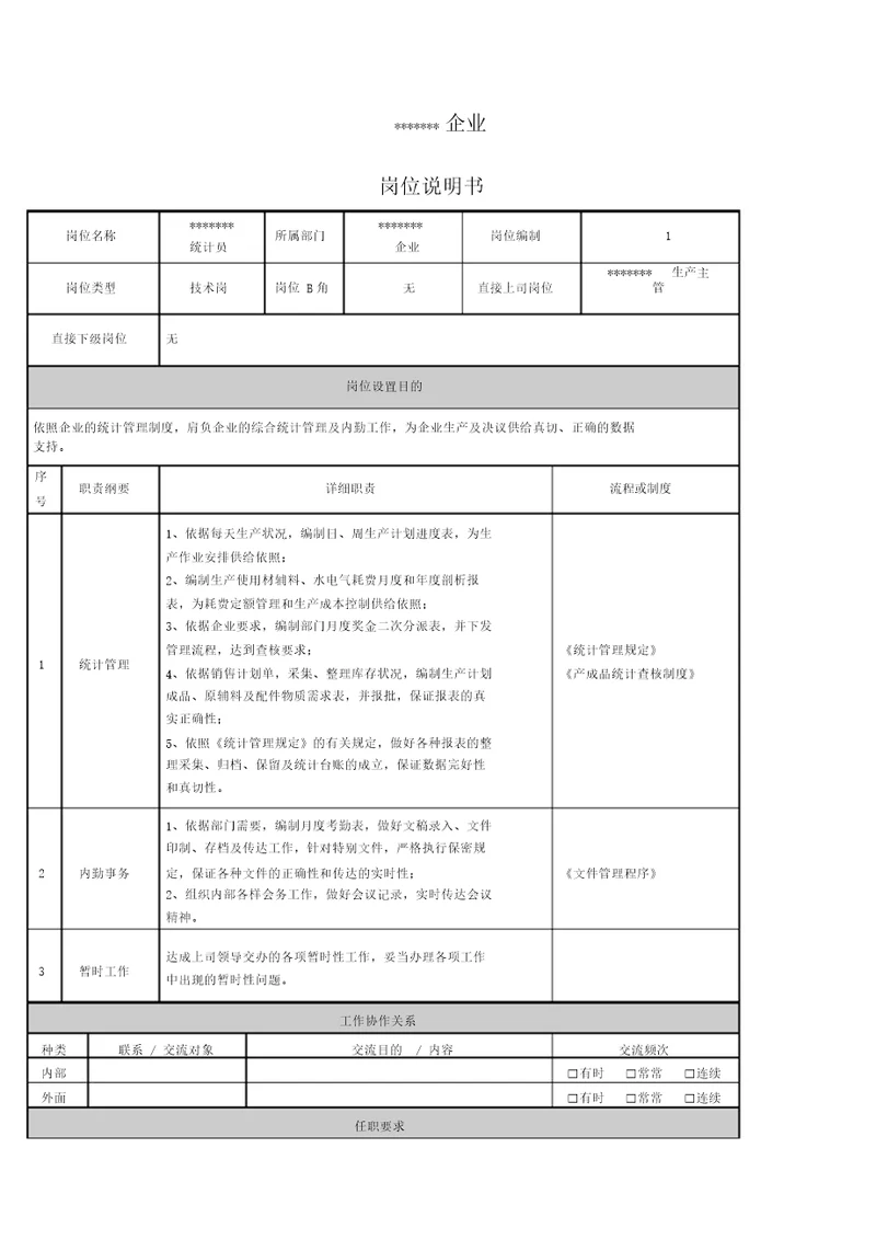 统计员岗位说明书