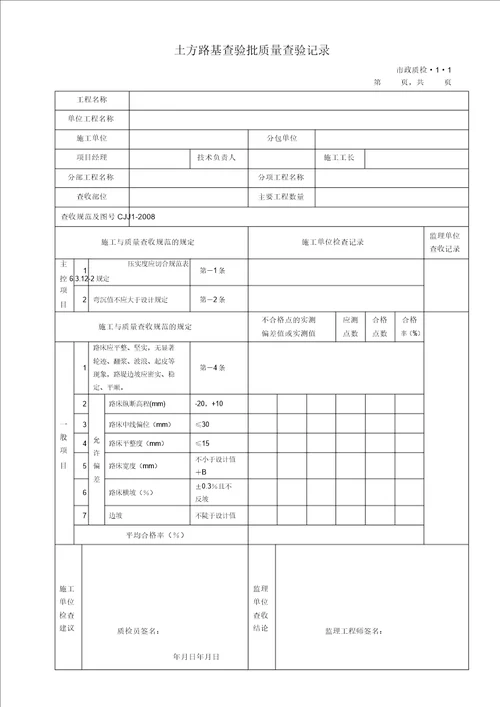 完整版城镇道路工程CJJ12008检验批质量检验记录表格