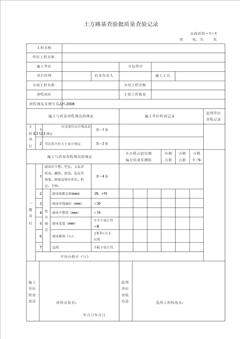 完整版城镇道路工程CJJ12008检验批质量检验记录表格