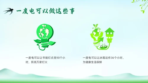 绿色插画环保节约用电主题班会PPT课件