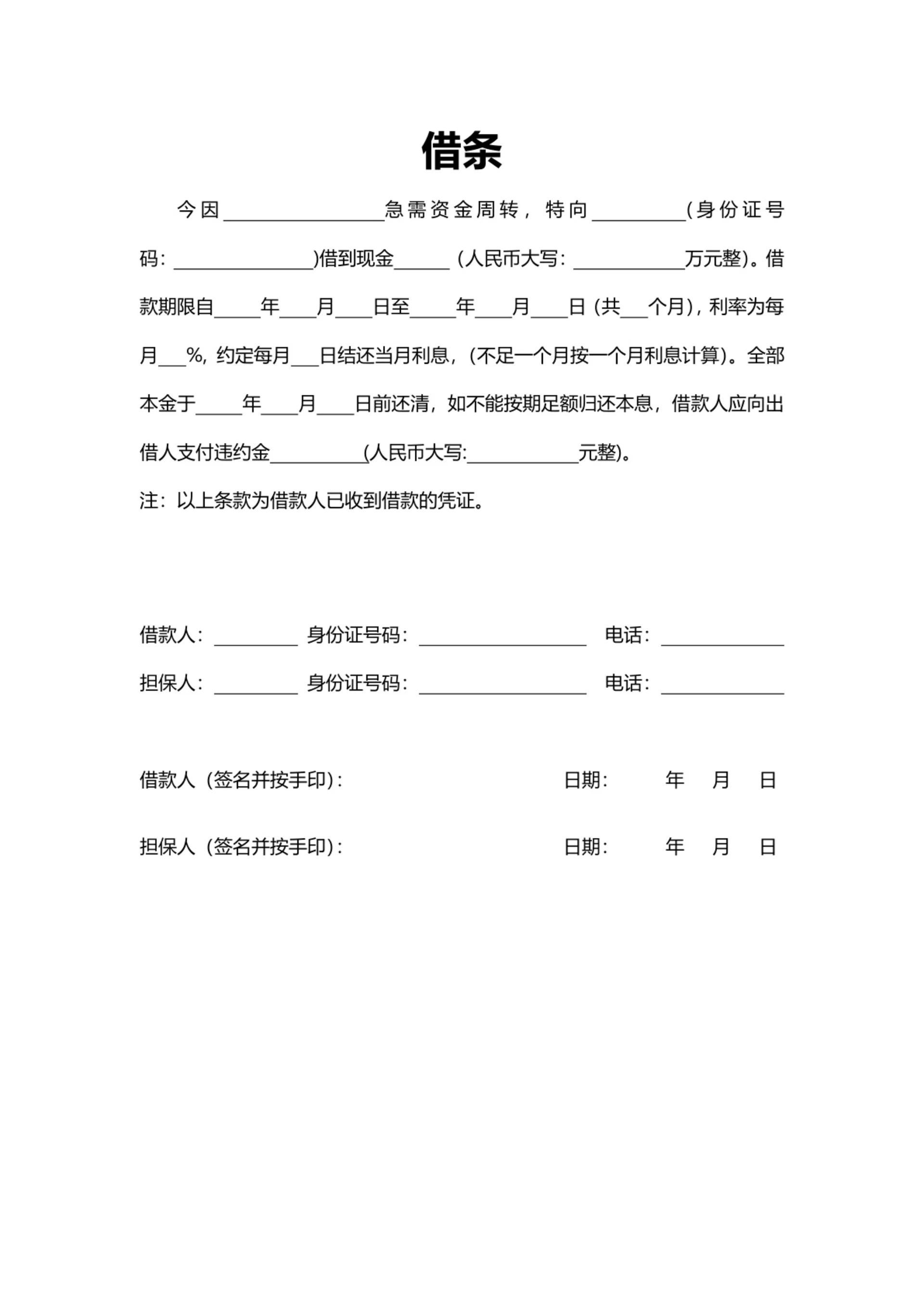 个人借款借条模板大全（含担保人）