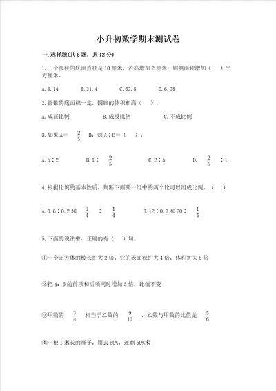 小升初数学期末测试卷有完整答案