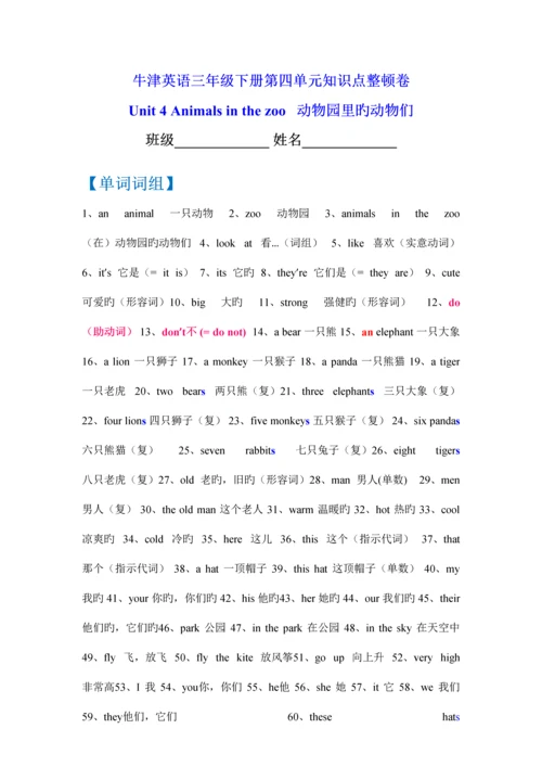 2023年牛津英语三年级下册第四单元知识点整理卷.docx