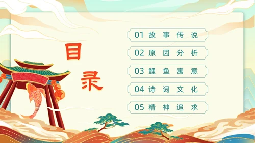 绿色黄色国潮风插画鲤鱼跃龙门动态PPT神话故事