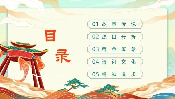 绿色黄色国潮风插画鲤鱼跃龙门动态PPT神话故事